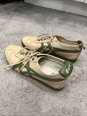 Onitsuka Tiger by Asics Beige Leather Sneakers with Green Stripes